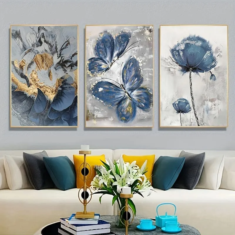 3-tlg., Luxus-Ölgemälde mit Blumen und Schmetterlingen, Wandkunst, Leinwandgemälde zur Wohnzimmerdekoration – 15.7 x 23.6 cm (40 x 60 Zoll), kein Rahmen erforderlich