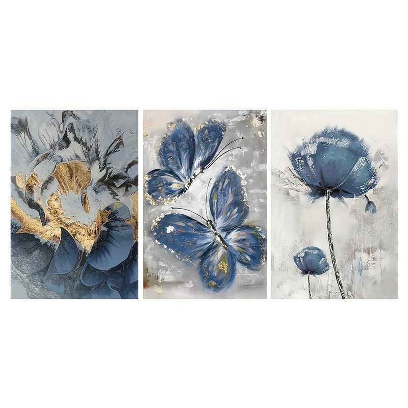 3-tlg., Luxus-Ölgemälde mit Blumen und Schmetterlingen, Wandkunst, Leinwandgemälde zur Wohnzimmerdekoration – 15.7 x 23.6 cm (40 x 60 Zoll), kein Rahmen erforderlich