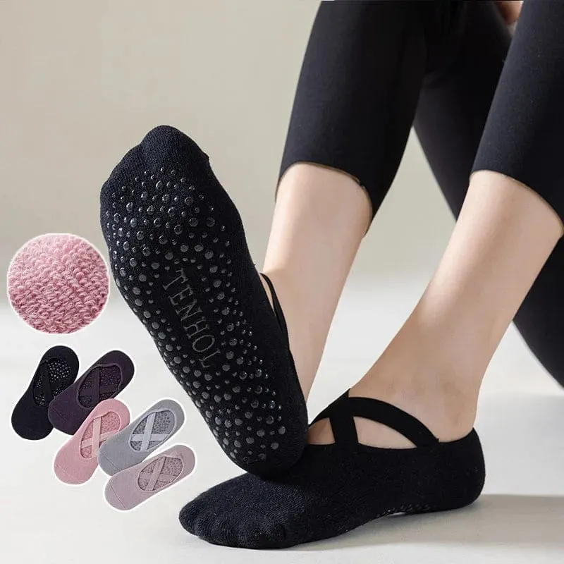 Yoga-Socken für Damen, Baumwolle, Silikon, rutschfest, Pilates-Griff, Handtuch, No-Show-Barre-Socke