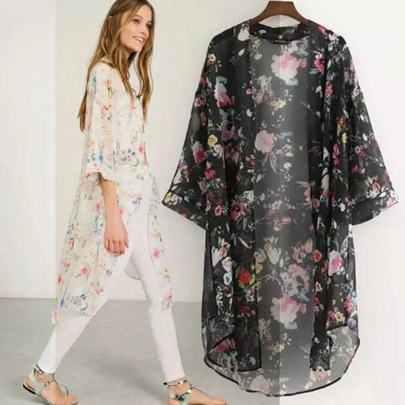 Sommer Frauen Chiffon Floral Kimono Strand Strickjacke Sheer Cover Up Bademode Lange Bluse Shirts Weibliche Tops