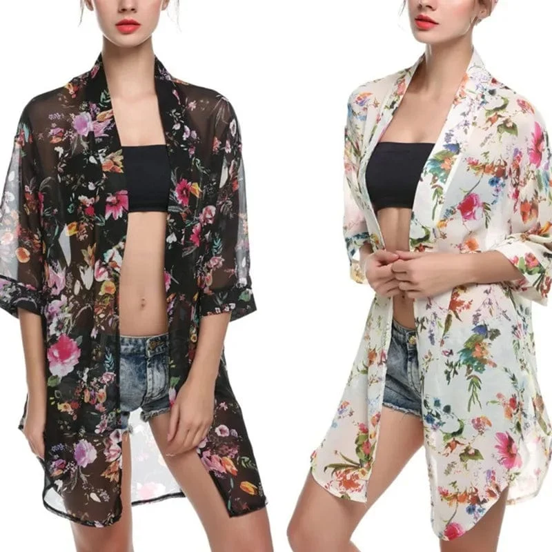 Sommer Frauen Chiffon Floral Kimono Strand Strickjacke Sheer Cover Up Bademode Lange Bluse Shirts Weibliche Tops
