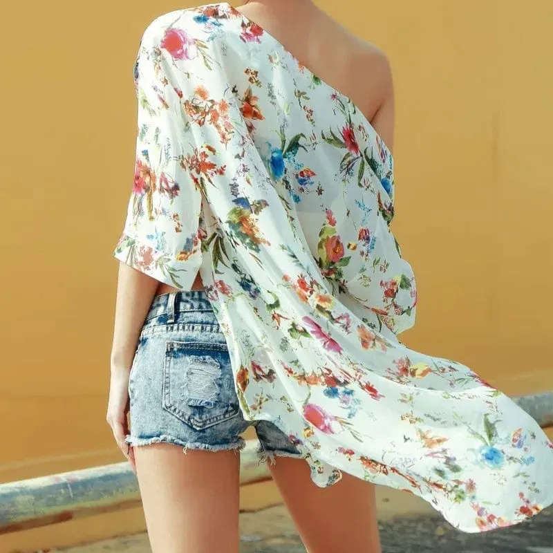 Sommer Frauen Chiffon Floral Kimono Strand Strickjacke Sheer Cover Up Bademode Lange Bluse Shirts Weibliche Tops