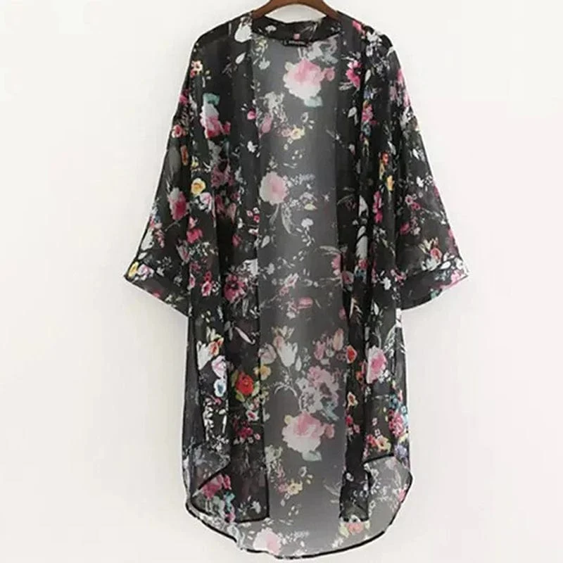 Sommer Frauen Chiffon Floral Kimono Strand Strickjacke Sheer Cover Up Bademode Lange Bluse Shirts Weibliche Tops