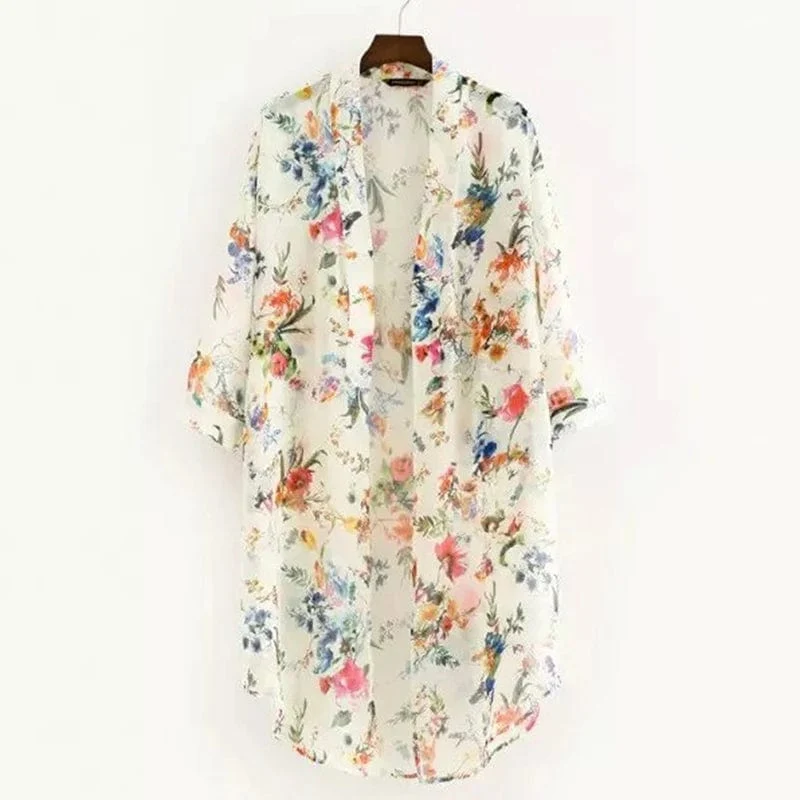 Sommer Frauen Chiffon Floral Kimono Strand Strickjacke Sheer Cover Up Bademode Lange Bluse Shirts Weibliche Tops