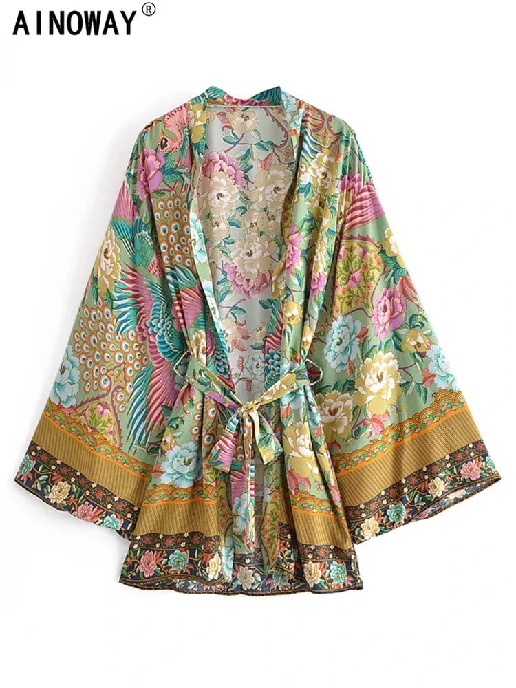 Boho Vintage Grüner Pfau Blumendruck Schärpen Bohemian Kimono Damen V-Ausschnitt Fledermausärmel Happie Kurze Robe Bikini Vertuschungen