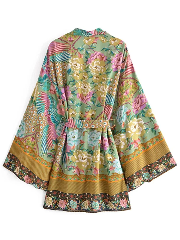 Boho Vintage Grüner Pfau Blumendruck Schärpen Bohemian Kimono Damen V-Ausschnitt Fledermausärmel Happie Kurze Robe Bikini Vertuschungen