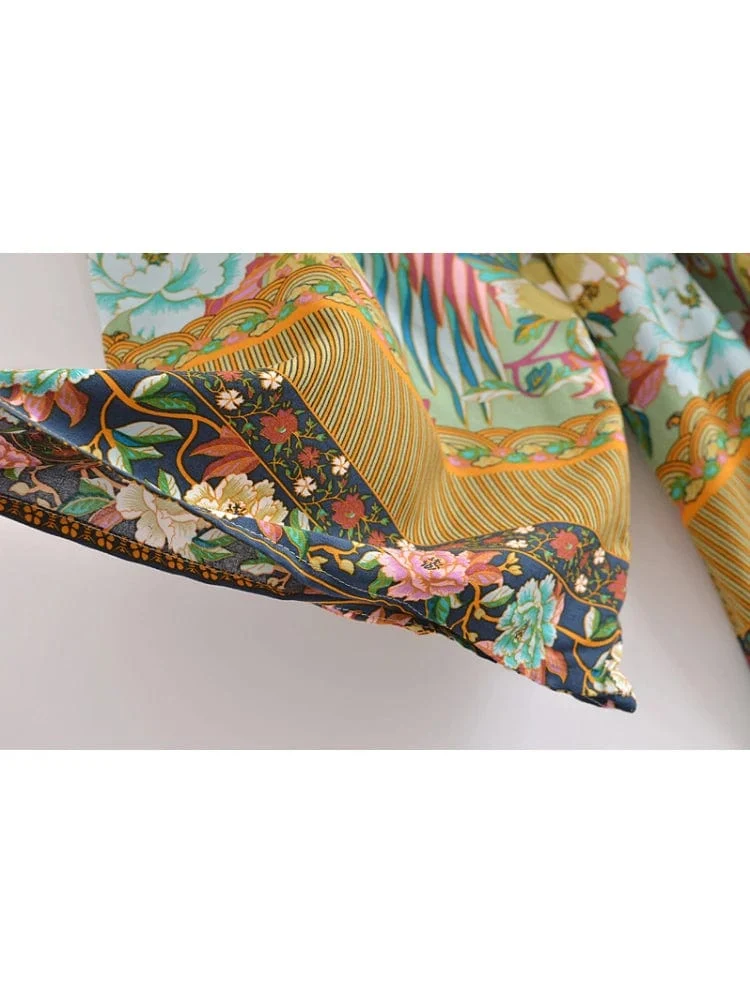 Boho Vintage Grüner Pfau Blumendruck Schärpen Bohemian Kimono Damen V-Ausschnitt Fledermausärmel Happie Kurze Robe Bikini Vertuschungen