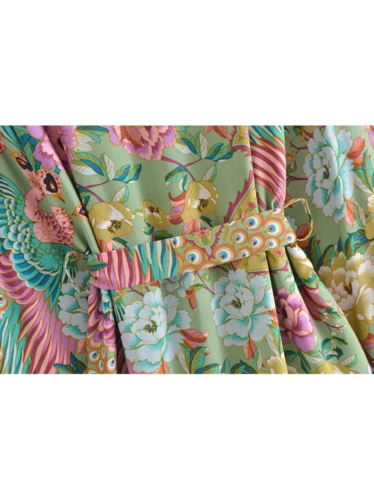 Boho Vintage Grüner Pfau Blumendruck Schärpen Bohemian Kimono Damen V-Ausschnitt Fledermausärmel Happie Kurze Robe Bikini Vertuschungen