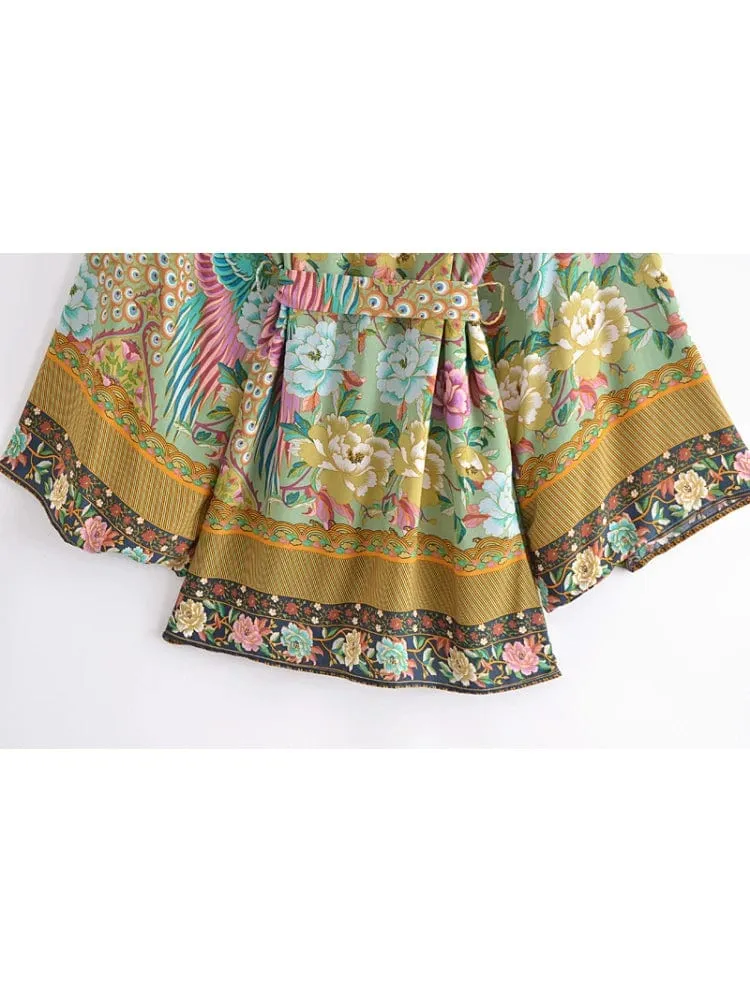 Boho Vintage Grüner Pfau Blumendruck Schärpen Bohemian Kimono Damen V-Ausschnitt Fledermausärmel Happie Kurze Robe Bikini Vertuschungen