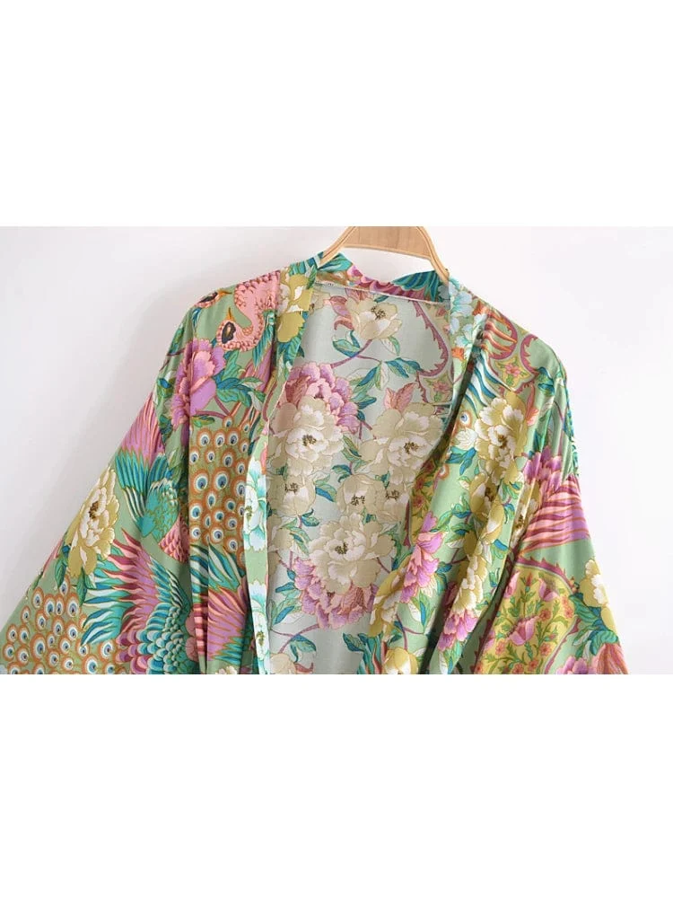 Boho Vintage Grüner Pfau Blumendruck Schärpen Bohemian Kimono Damen V-Ausschnitt Fledermausärmel Happie Kurze Robe Bikini Vertuschungen