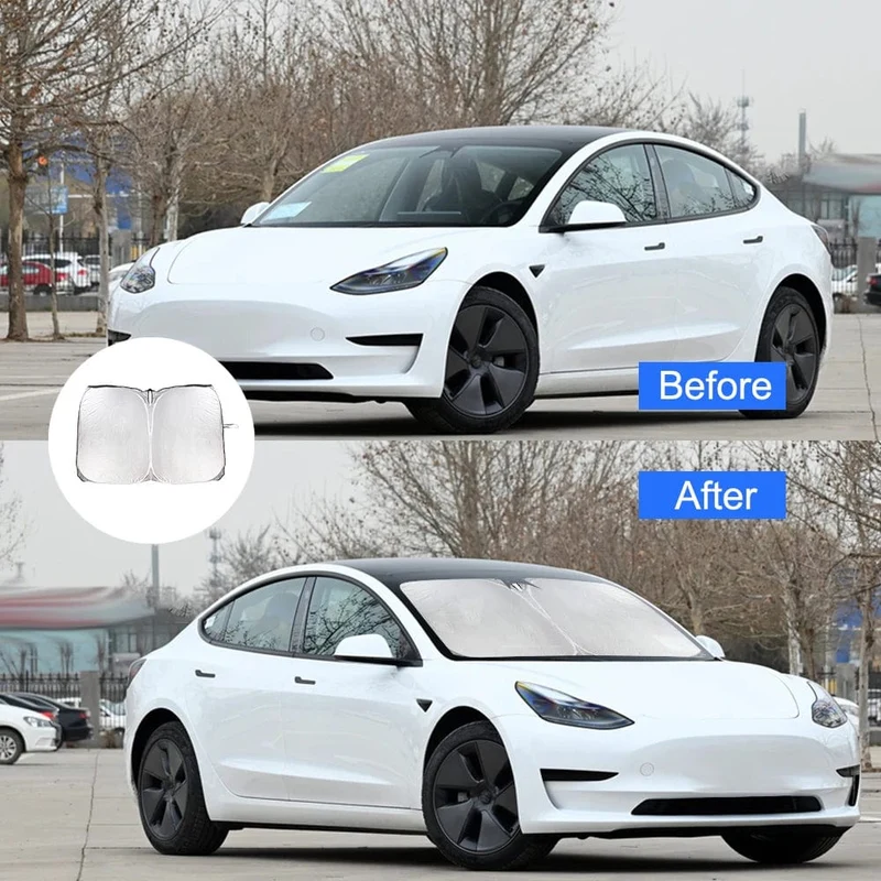Für Tesla Modell 3 Y Faltbarer Auto-Windschutzscheiben-Sonnenschutz deckt Sonnenblenden Sonnenschirm Auto-Frontfenster-Sonnenschutz ab