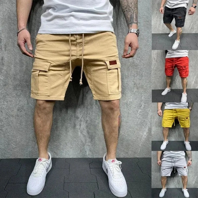 Lässige Herren-Shorts, Sommer-Cargo-Shorts, lockere Multi-Pocket-Nähte, Taille, Kordelzug, gerader Lauf
