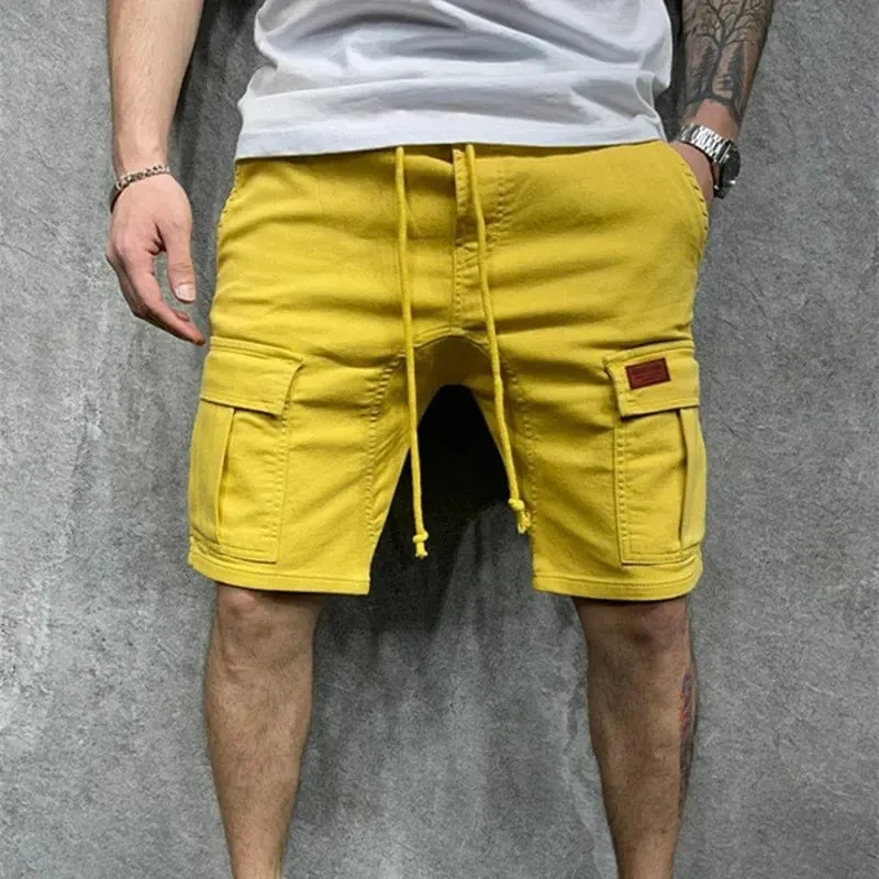 Lässige Herren-Shorts, Sommer-Cargo-Shorts, lockere Multi-Pocket-Nähte, Taille, Kordelzug, gerader Lauf