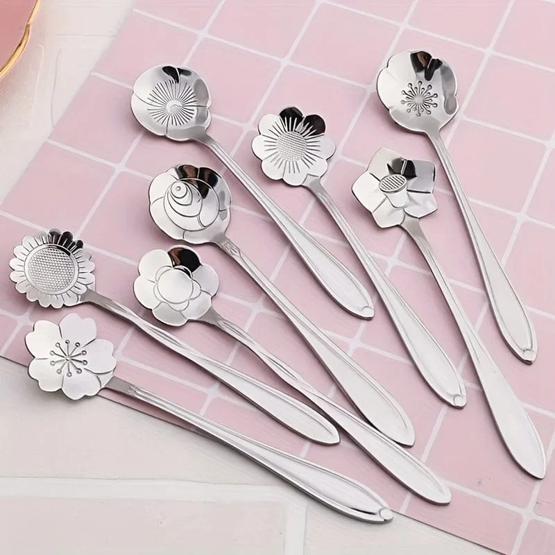 8-teiliges süßes Blumenlöffel-Set – perfekt für Tee, Kaffee, Eis und Desserts – Edelstahl mit goldener und silberner Oberfläche – Küchen-Requisiten für ein schickes und elegantes Speiseerlebnis