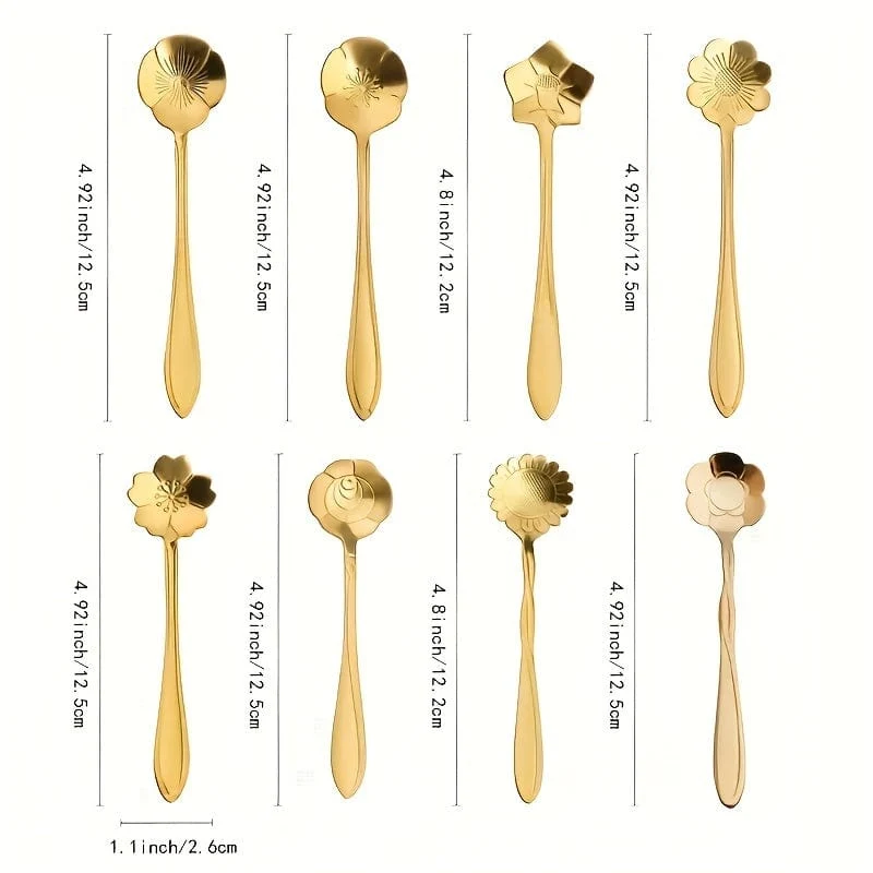 8-teiliges süßes Blumenlöffel-Set – perfekt für Tee, Kaffee, Eis und Desserts – Edelstahl mit goldener und silberner Oberfläche – Küchen-Requisiten für ein schickes und elegantes Speiseerlebnis