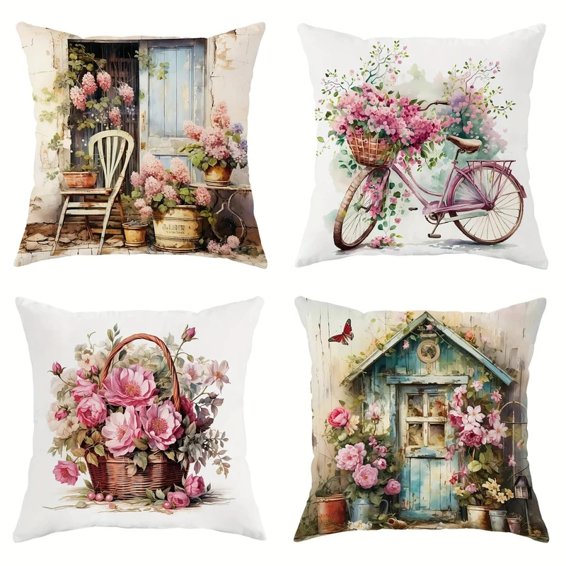 4-teiliger Kissenbezug mit Fahrrad-Blumenkorb, Hüttenmotiv, Grün/Rosa, Frühlings-Kissenbezug im Bauernhaus-Stil, dekorativer Kissenbezug aus Samt, 45 x 45 cm, geeignet für Frühlingsparty, Wohnzimmer, Schlafzimmer, Schlafsofa, Dekoration