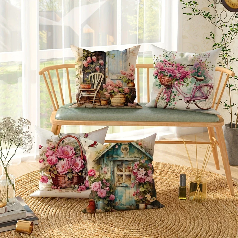 4-teiliger Kissenbezug mit Fahrrad-Blumenkorb, Hüttenmotiv, Grün/Rosa, Frühlings-Kissenbezug im Bauernhaus-Stil, dekorativer Kissenbezug aus Samt, 45 x 45 cm, geeignet für Frühlingsparty, Wohnzimmer, Schlafzimmer, Schlafsofa, Dekoration