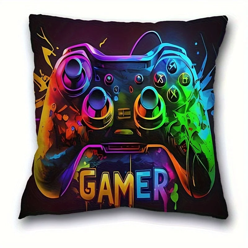 1 Stück, kurzer Plüsch-Kissenbezug mit Gamepad-Muster (17.7 x 17.7 Zoll), Kissenbezug mit Spielmotiv, Heimdekor, Zimmerdekor, Schlafzimmerdekor, architektonisches Sammlerzubehör (ohne Kissenkern)