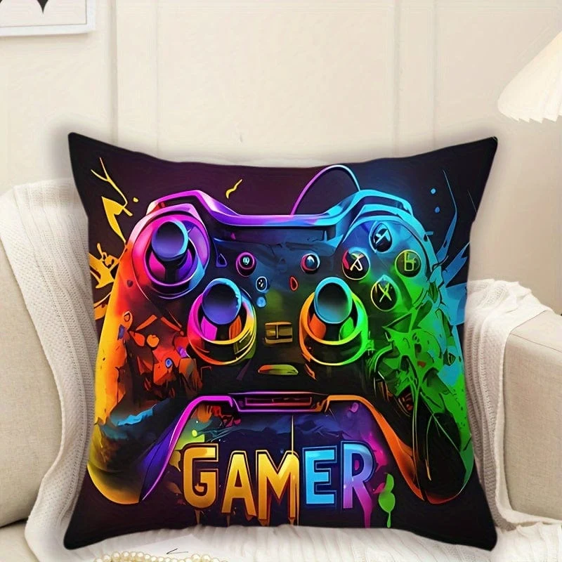 1 Stück, kurzer Plüsch-Kissenbezug mit Gamepad-Muster (17.7 x 17.7 Zoll), Kissenbezug mit Spielmotiv, Heimdekor, Zimmerdekor, Schlafzimmerdekor, architektonisches Sammlerzubehör (ohne Kissenkern)