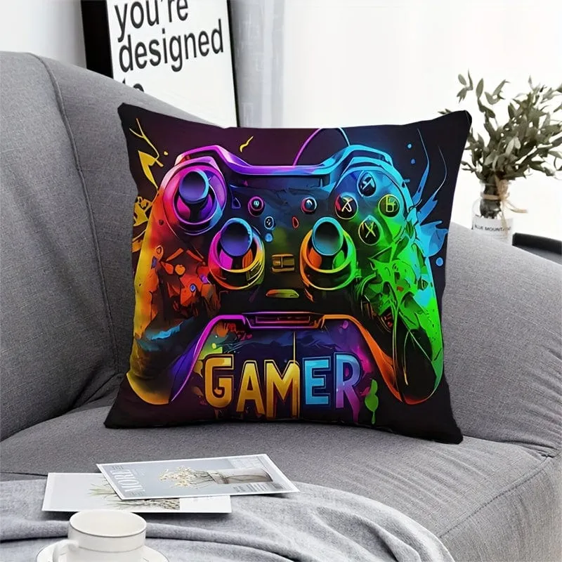 1 Stück, kurzer Plüsch-Kissenbezug mit Gamepad-Muster (17.7 x 17.7 Zoll), Kissenbezug mit Spielmotiv, Heimdekor, Zimmerdekor, Schlafzimmerdekor, architektonisches Sammlerzubehör (ohne Kissenkern)