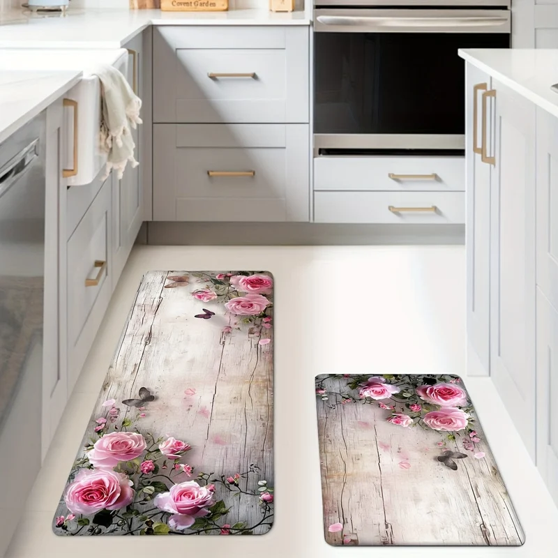 1/2 Stück, Teppich, Küchenmatte, Blumen-Bodenmatte, Küchenläufer-Teppich, langlebige Badezimmer-Pads, rutschfeste waschbare Decke für Küche, Wohnzimmer, Schlafzimmer, Couchtisch, Waschbecken, Waschküche, Fußmatte, Küchen-Bodenmatte