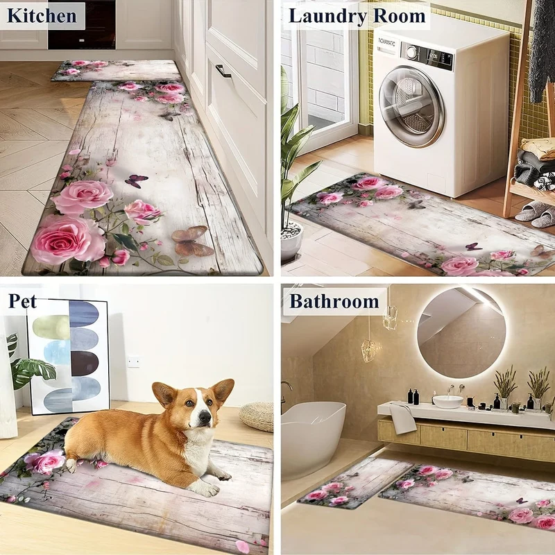 1/2 Stück, Teppich, Küchenmatte, Blumen-Bodenmatte, Küchenläufer-Teppich, langlebige Badezimmer-Pads, rutschfeste waschbare Decke für Küche, Wohnzimmer, Schlafzimmer, Couchtisch, Waschbecken, Waschküche, Fußmatte, Küchen-Bodenmatte