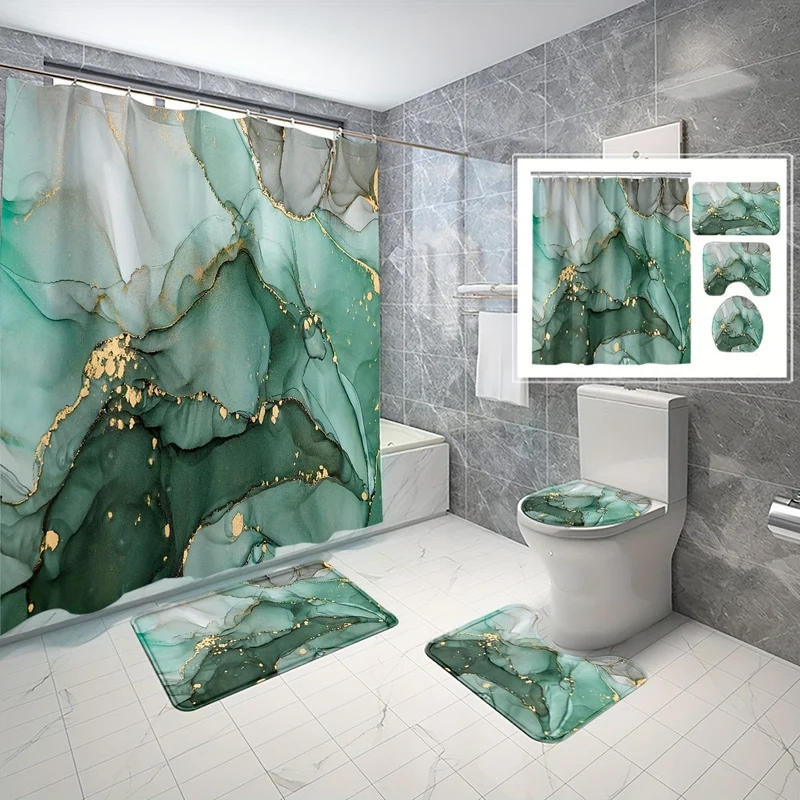 4-teiliges Duschvorhang-Set mit grünem Marmormuster, modernes dekoratives Badezimmer-Set, Badezimmerteppich, U-förmige Matte, WC-Deckelpolster, wasserfester Vorhang inklusive 12 Haken, Badezimmerzubehör