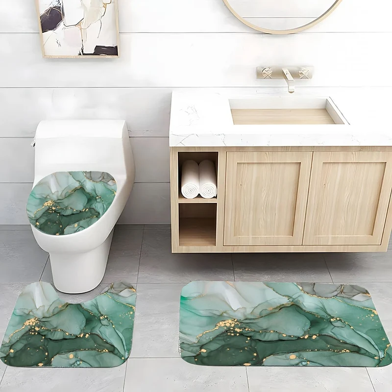 4-teiliges Duschvorhang-Set mit grünem Marmormuster, modernes dekoratives Badezimmer-Set, Badezimmerteppich, U-förmige Matte, WC-Deckelpolster, wasserfester Vorhang inklusive 12 Haken, Badezimmerzubehör