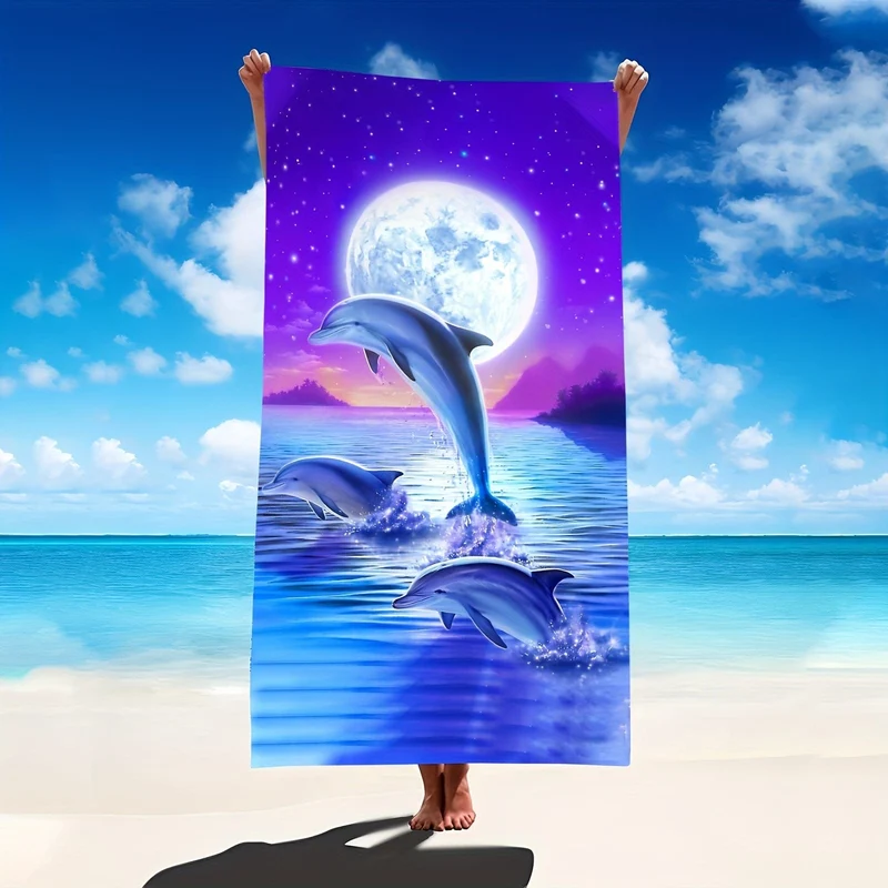 1 Stück Strandtuch mit Fantasy-Delphin- und Mond-Aufdruck, lichtbeständige übergroße Stranddecke, super saugfähiges Badetuch, geeignet für Reisen, Pooltauchen, Surfen, Yoga, Camping, Strandzubehör, Strandutensilien, Reisezubehör