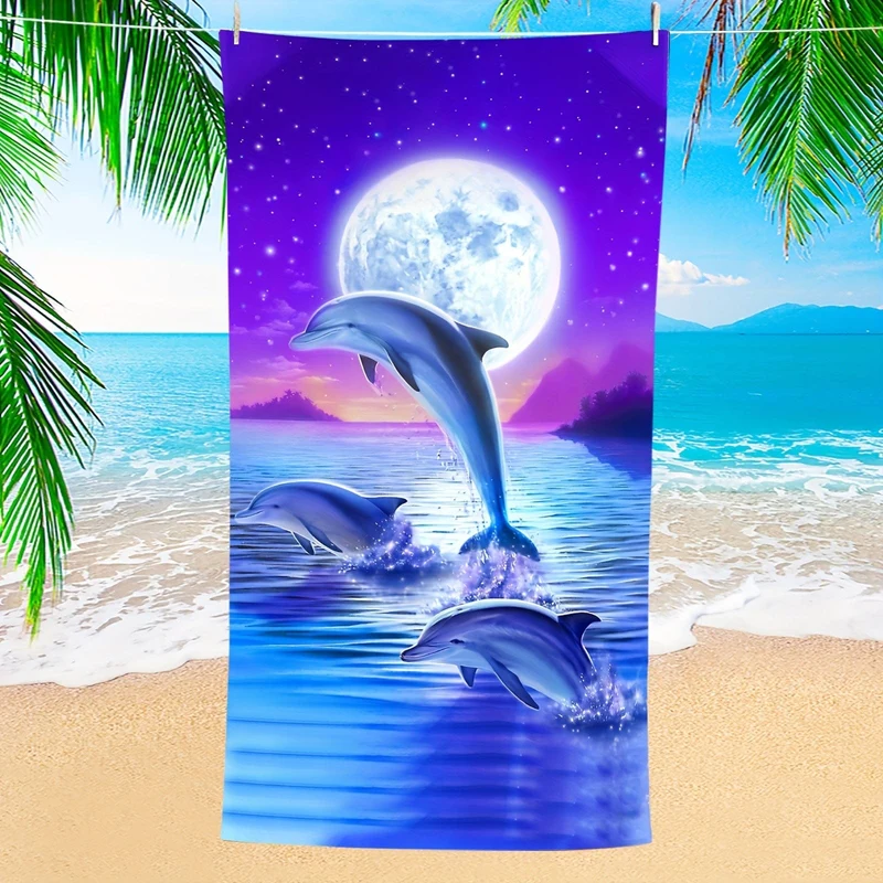 1 Stück Strandtuch mit Fantasy-Delphin- und Mond-Aufdruck, lichtbeständige übergroße Stranddecke, super saugfähiges Badetuch, geeignet für Reisen, Pooltauchen, Surfen, Yoga, Camping, Strandzubehör, Strandutensilien, Reisezubehör