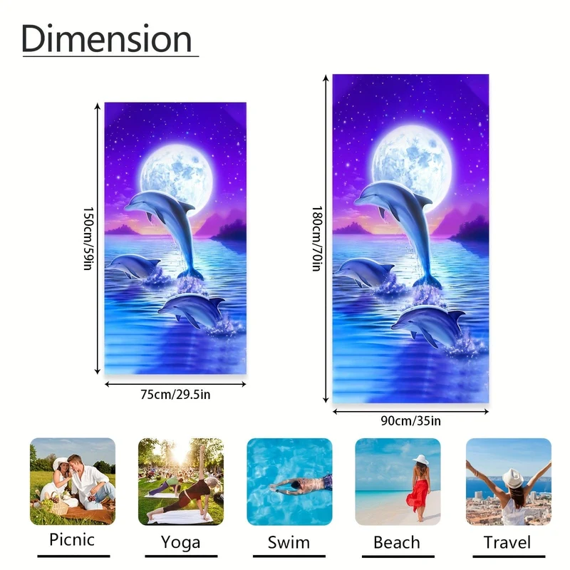 1 Stück Strandtuch mit Fantasy-Delphin- und Mond-Aufdruck, lichtbeständige übergroße Stranddecke, super saugfähiges Badetuch, geeignet für Reisen, Pooltauchen, Surfen, Yoga, Camping, Strandzubehör, Strandutensilien, Reisezubehör