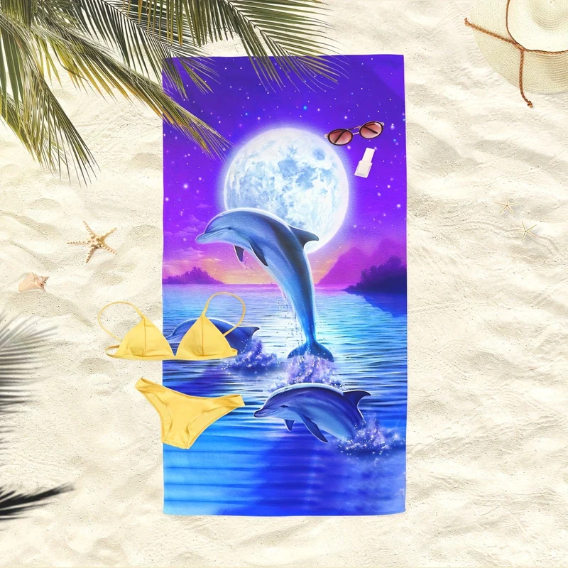 1 Stück Strandtuch mit Fantasy-Delphin- und Mond-Aufdruck, lichtbeständige übergroße Stranddecke, super saugfähiges Badetuch, geeignet für Reisen, Pooltauchen, Surfen, Yoga, Camping, Strandzubehör, Strandutensilien, Reisezubehör