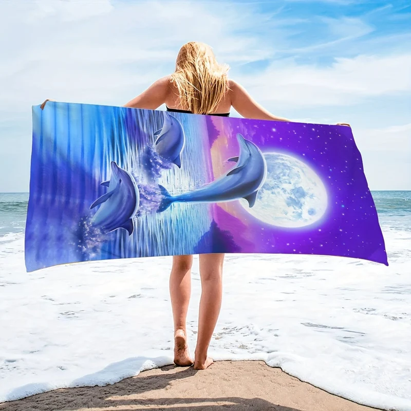 1 Stück Strandtuch mit Fantasy-Delphin- und Mond-Aufdruck, lichtbeständige übergroße Stranddecke, super saugfähiges Badetuch, geeignet für Reisen, Pooltauchen, Surfen, Yoga, Camping, Strandzubehör, Strandutensilien, Reisezubehör