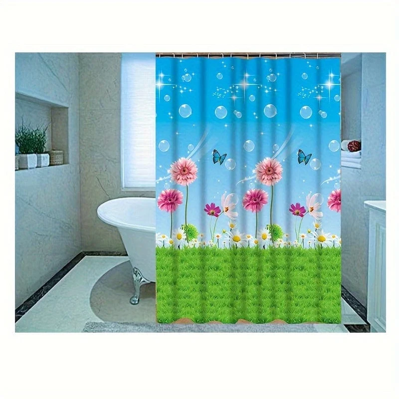 1 Stück Duschvorhang mit Blumen-Rasen-Schmetterlings-Motiv, wasserdichter PEVA-Duschvorhang mit 12 Haken, dekorativer Badewannen-Trennvorhang, Badezimmer-Accessoires