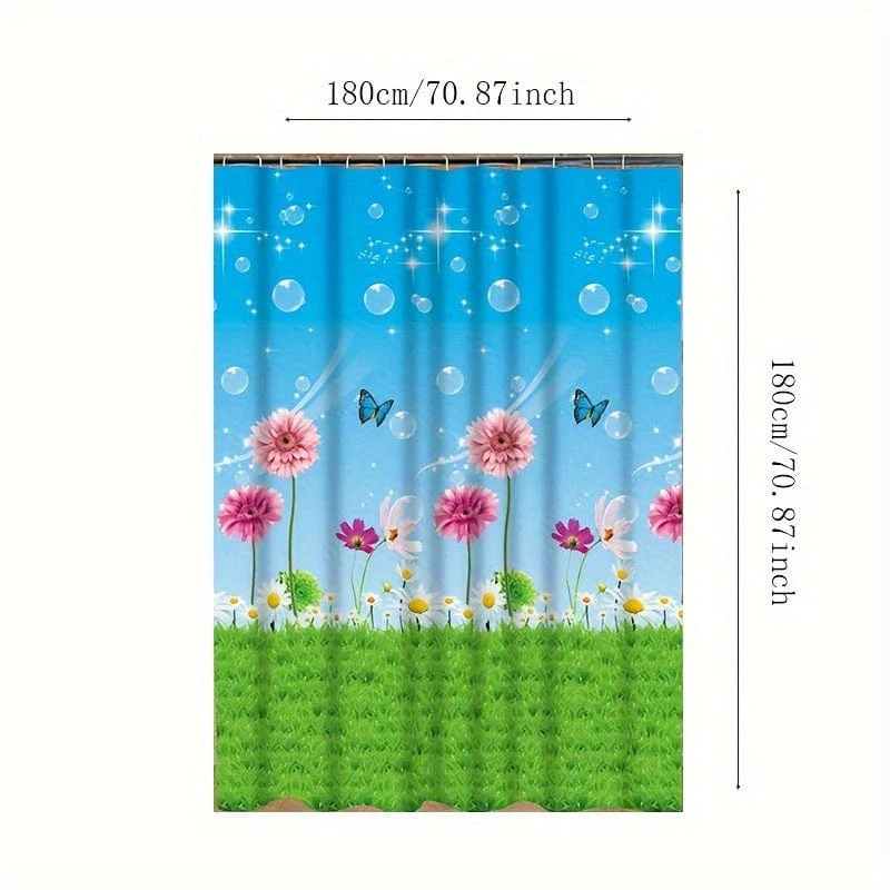 1 Stück Duschvorhang mit Blumen-Rasen-Schmetterlings-Motiv, wasserdichter PEVA-Duschvorhang mit 12 Haken, dekorativer Badewannen-Trennvorhang, Badezimmer-Accessoires