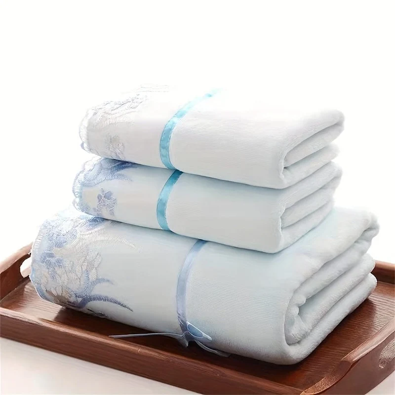 3-teiliges Handtuch-Set mit Spitzenstickerei, Haushalts-Mikrofaserhandtuch, weiches, saugfähiges Handtuch, Badetuch, Badewäsche-Sets für Badezimmer, 1 Badetuch und 2 Handtücher, Badezimmerzubehör, Badezimmer-Accessoires
