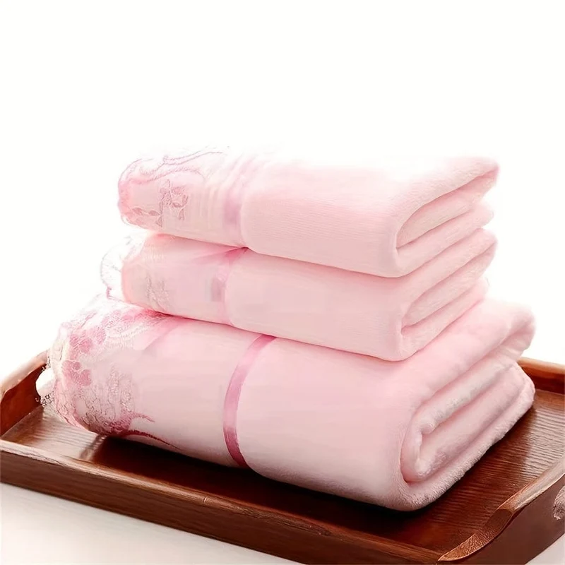 3-teiliges Handtuch-Set mit Spitzenstickerei, Haushalts-Mikrofaserhandtuch, weiches, saugfähiges Handtuch, Badetuch, Badewäsche-Sets für Badezimmer, 1 Badetuch und 2 Handtücher, Badezimmerzubehör, Badezimmer-Accessoires