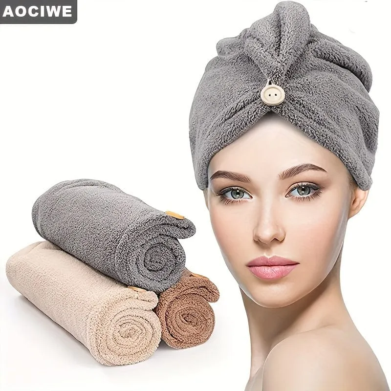 1 Stück Mikrofaser-Haarhandtuch, Haarhandtuch mit Knopf, super saugfähig, Haarhandtuchwickel, für lockiges Haar, schnell trocknende Haarwickel für Frauen, Anti-Frizz-Mikrofaserhandtuch, Grau, Kamel, Braun, Badezimmerzubehör