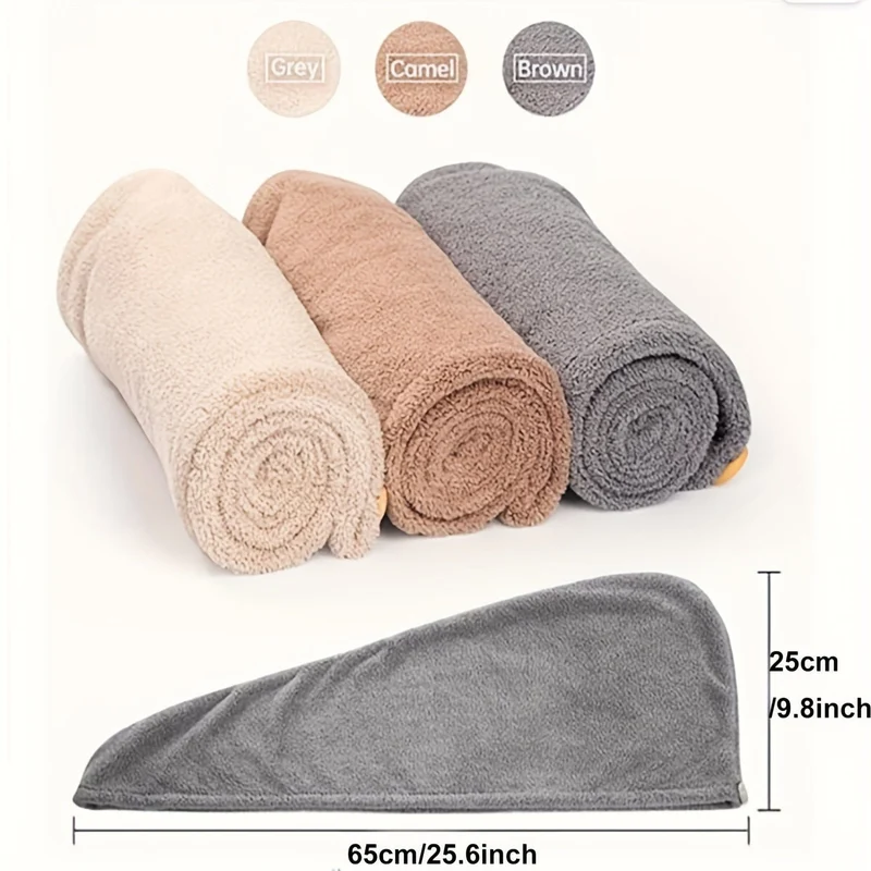 1 Stück Mikrofaser-Haarhandtuch, Haarhandtuch mit Knopf, super saugfähig, Haarhandtuchwickel, für lockiges Haar, schnell trocknende Haarwickel für Frauen, Anti-Frizz-Mikrofaserhandtuch, Grau, Kamel, Braun, Badezimmerzubehör