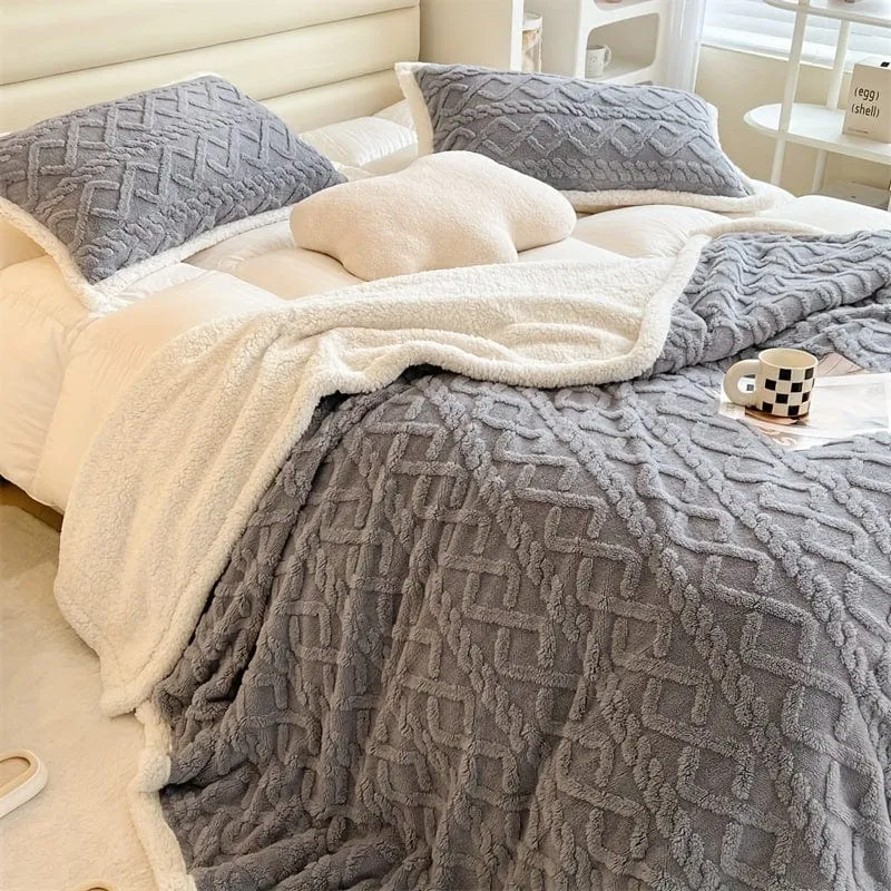 1 Stück doppelseitige Bettdecke aus Lammwolle, Taft-Plüschdecke, warme Mehrzweck-Bettdecke, Haze Blue kleine frische Decke, warme Steppdecke, Wohnzimmer-Sofabezug-Decke, Nickerchen-Decke, Mehrzweckdecke