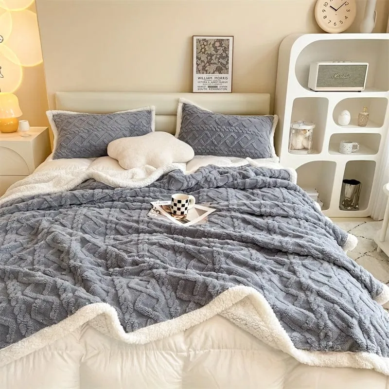 1 Stück doppelseitige Bettdecke aus Lammwolle, Taft-Plüschdecke, warme Mehrzweck-Bettdecke, Haze Blue kleine frische Decke, warme Steppdecke, Wohnzimmer-Sofabezug-Decke, Nickerchen-Decke, Mehrzweckdecke