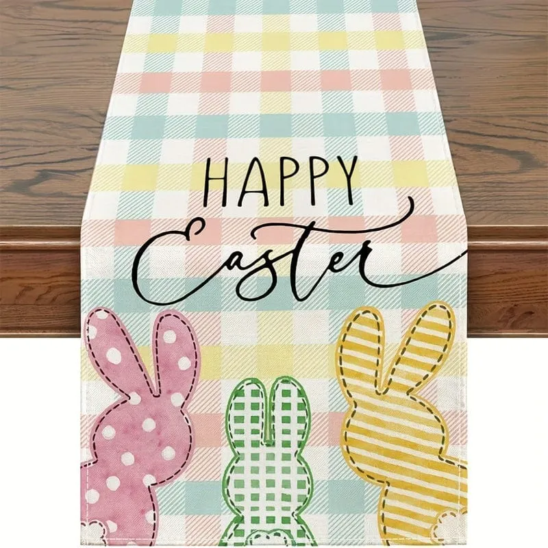 1 Stück Ostertischläufer, Fröhliche Osterdekorationen, bunter Hasen-Osterläufer für den Tisch, saisonale Frühlingsferiendekoration für den Esstisch im Innen- und Außenbereich