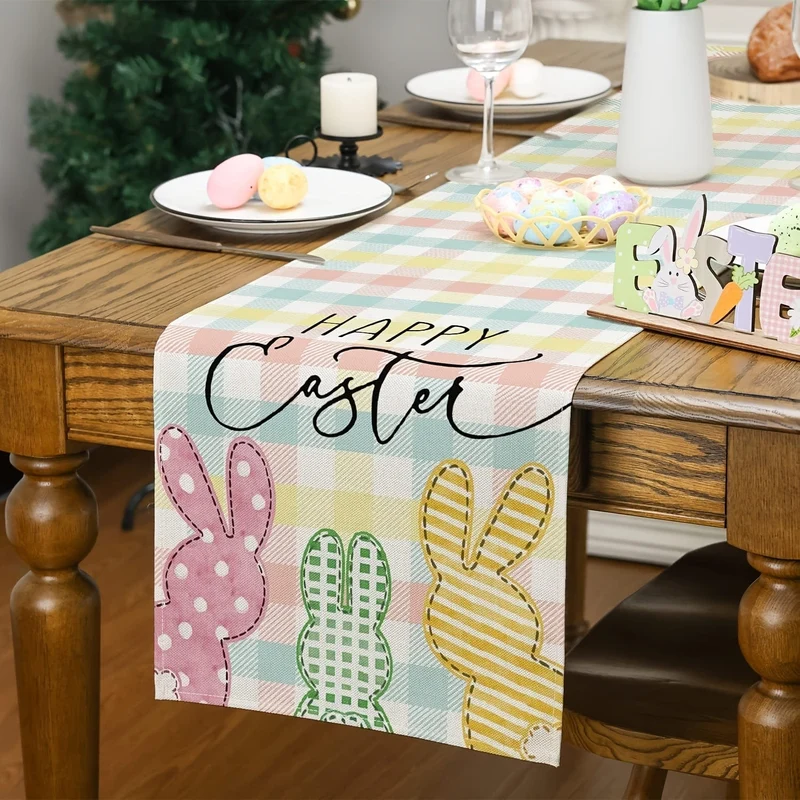 1 Stück Ostertischläufer, Fröhliche Osterdekorationen, bunter Hasen-Osterläufer für den Tisch, saisonale Frühlingsferiendekoration für den Esstisch im Innen- und Außenbereich