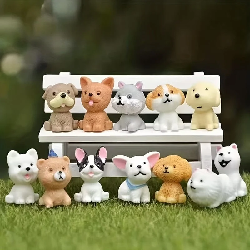 12 Stück, süße Cartoon-Welpen – handgefertigte Harztiere für Tischdekorationen, Mikrolandschaften, Kuchendekorationen und Wohnaccessoires