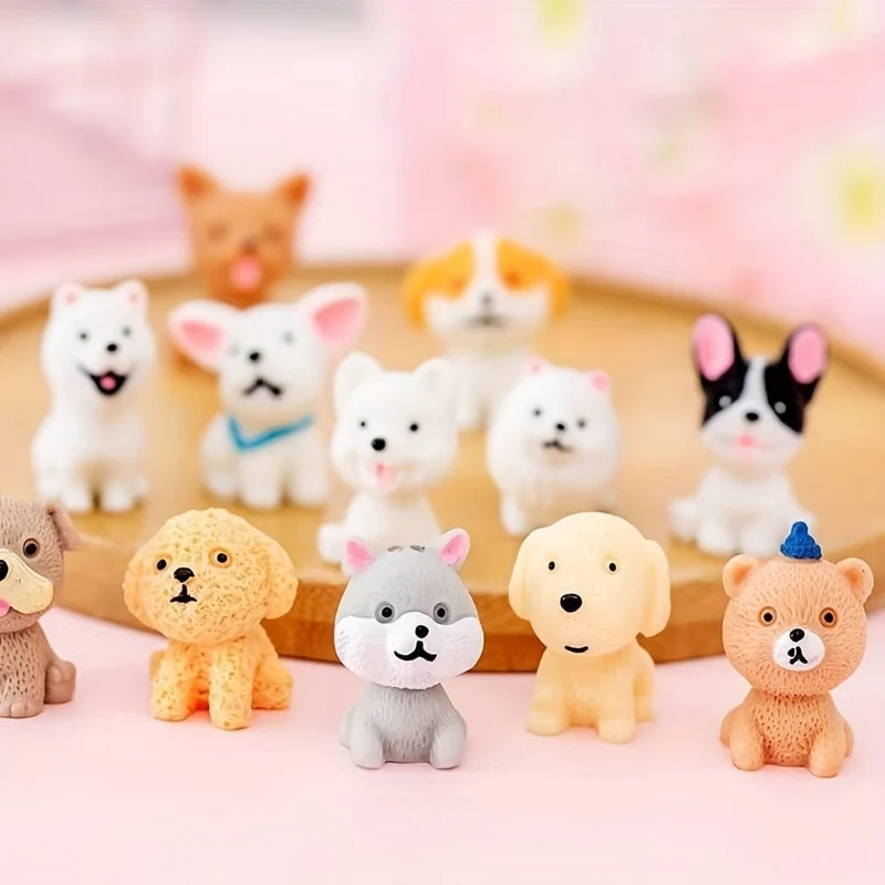 12 Stück, süße Cartoon-Welpen – handgefertigte Harztiere für Tischdekorationen, Mikrolandschaften, Kuchendekorationen und Wohnaccessoires