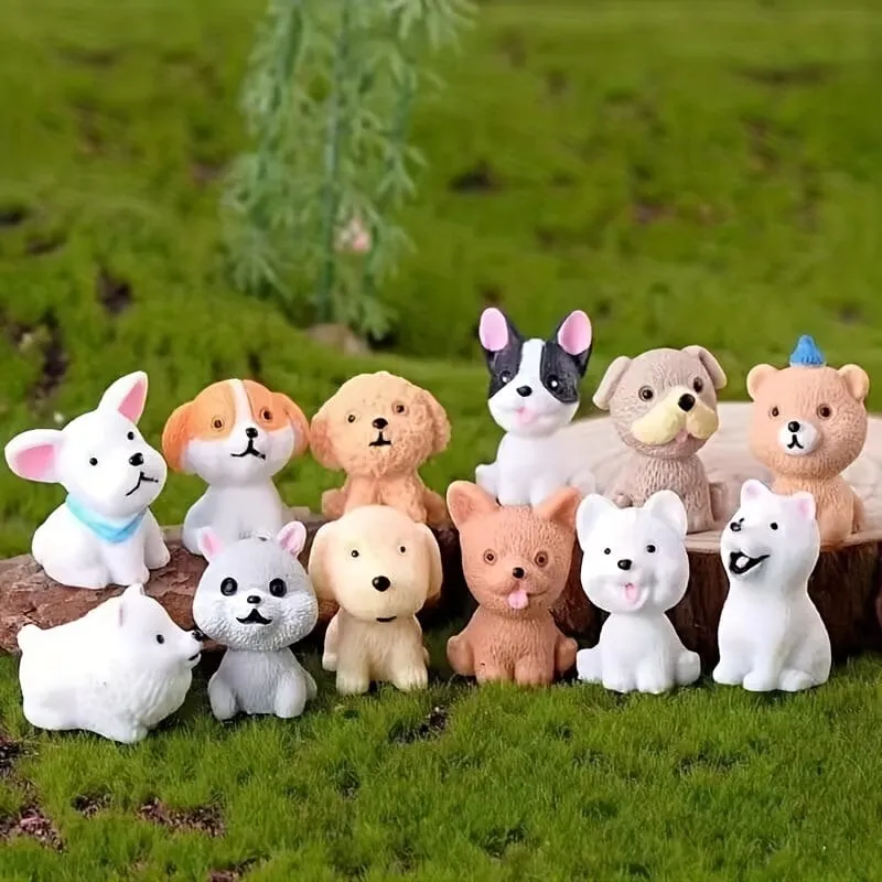 12 Stück, süße Cartoon-Welpen – handgefertigte Harztiere für Tischdekorationen, Mikrolandschaften, Kuchendekorationen und Wohnaccessoires