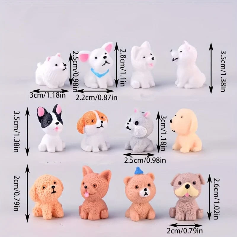 12 Stück, süße Cartoon-Welpen – handgefertigte Harztiere für Tischdekorationen, Mikrolandschaften, Kuchendekorationen und Wohnaccessoires