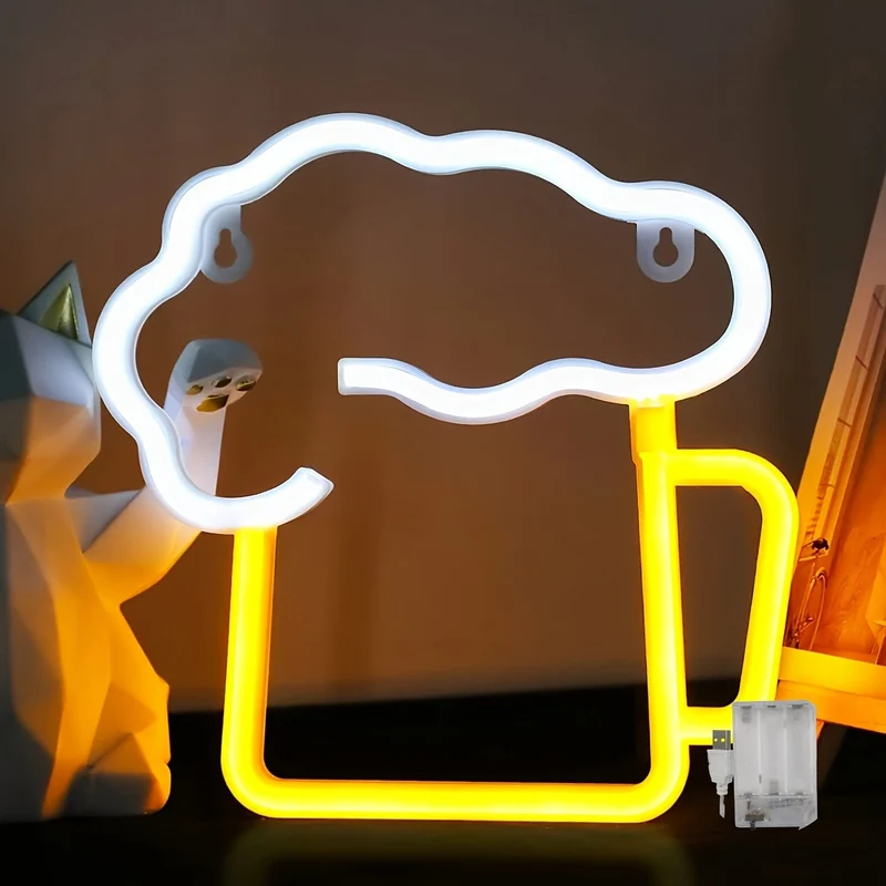 1 Stück Neon-Bierschilder für Männerhöhlen, batteriebetrieben und USB-betrieben, weiß und gelb | Bierkrug-Leuchtschild, Geschenk für Ehemann, LED-Wandkunst-Dekor, Bier-Neonlicht, für Garage, Terrasse, Zuhause, Bar, Café, Pub, Nachtclub