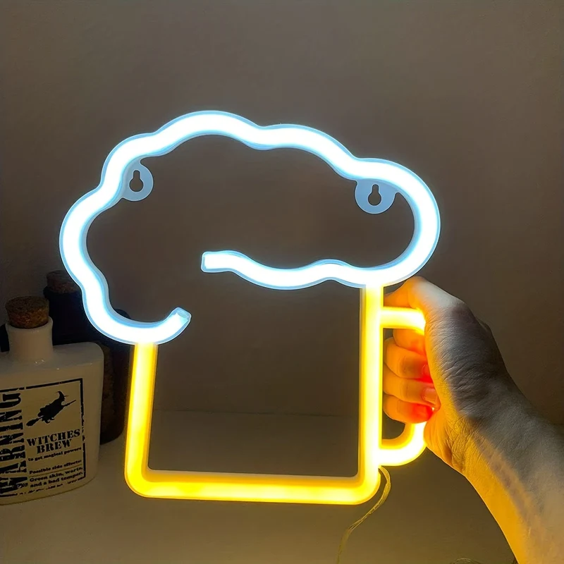 1 Stück Neon-Bierschilder für Männerhöhlen, batteriebetrieben und USB-betrieben, weiß und gelb | Bierkrug-Leuchtschild, Geschenk für Ehemann, LED-Wandkunst-Dekor, Bier-Neonlicht, für Garage, Terrasse, Zuhause, Bar, Café, Pub, Nachtclub