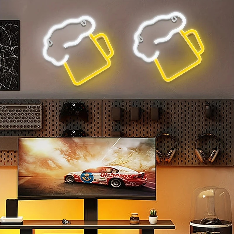 1 Stück Neon-Bierschilder für Männerhöhlen, batteriebetrieben und USB-betrieben, weiß und gelb | Bierkrug-Leuchtschild, Geschenk für Ehemann, LED-Wandkunst-Dekor, Bier-Neonlicht, für Garage, Terrasse, Zuhause, Bar, Café, Pub, Nachtclub